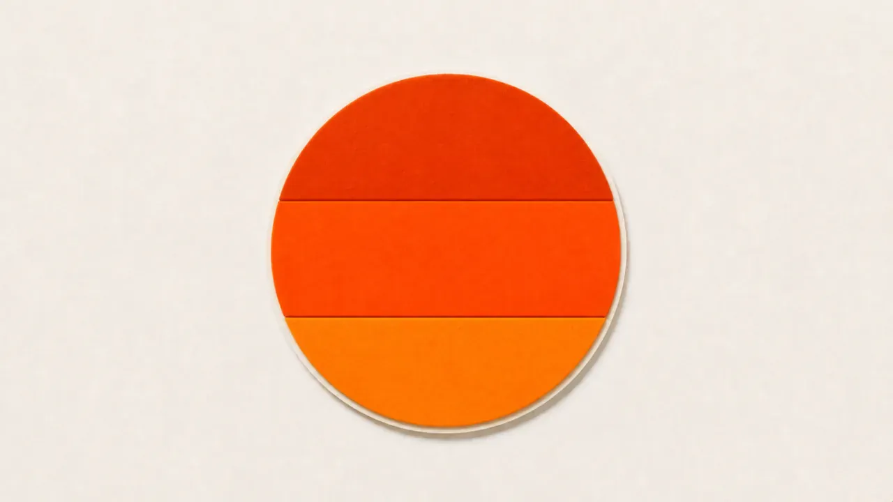 A felt circle cut into three horizontal bands of orange on cream paper