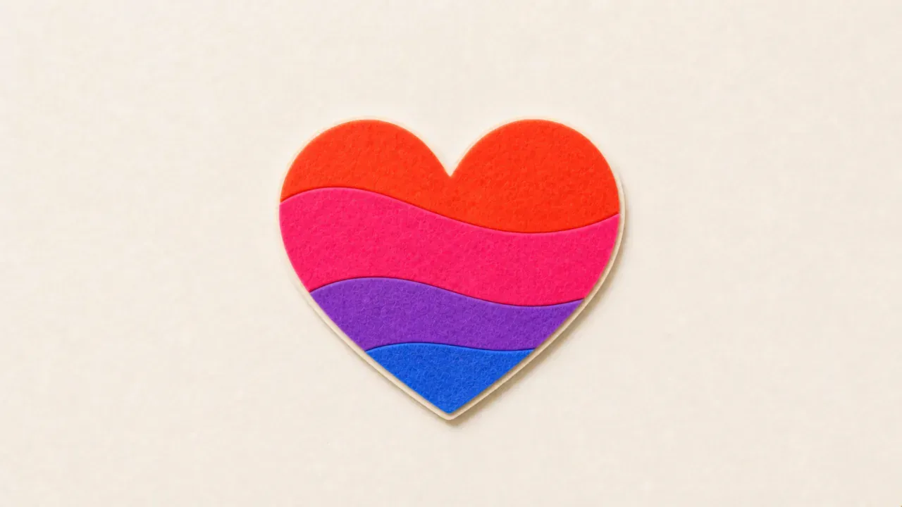 A felt heart in four bands of orange, pink, purple and blue on cream paper