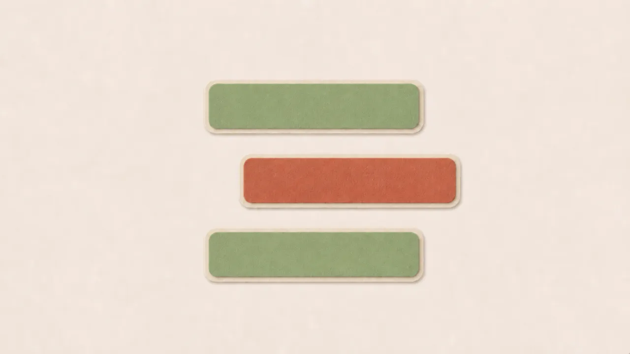 Three rounded felt strips on cream backings, with two sage-green strips aligned around an offset brick-red strip