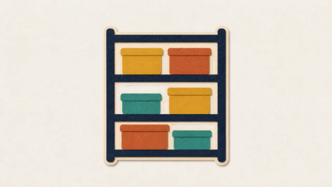 A felt warehouse shelf with six colorful storage boxes