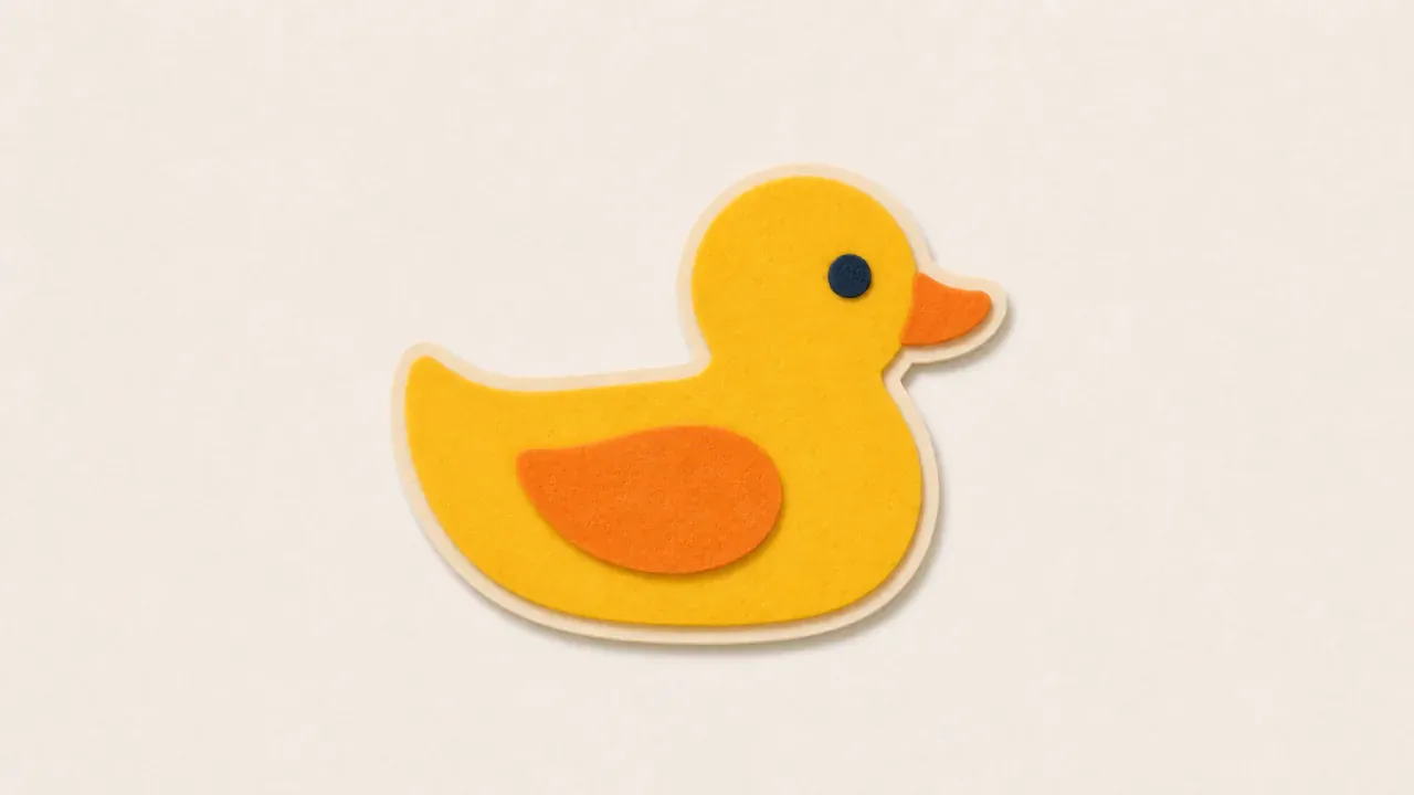 A yellow paper duck beside a stack of pale paper cards