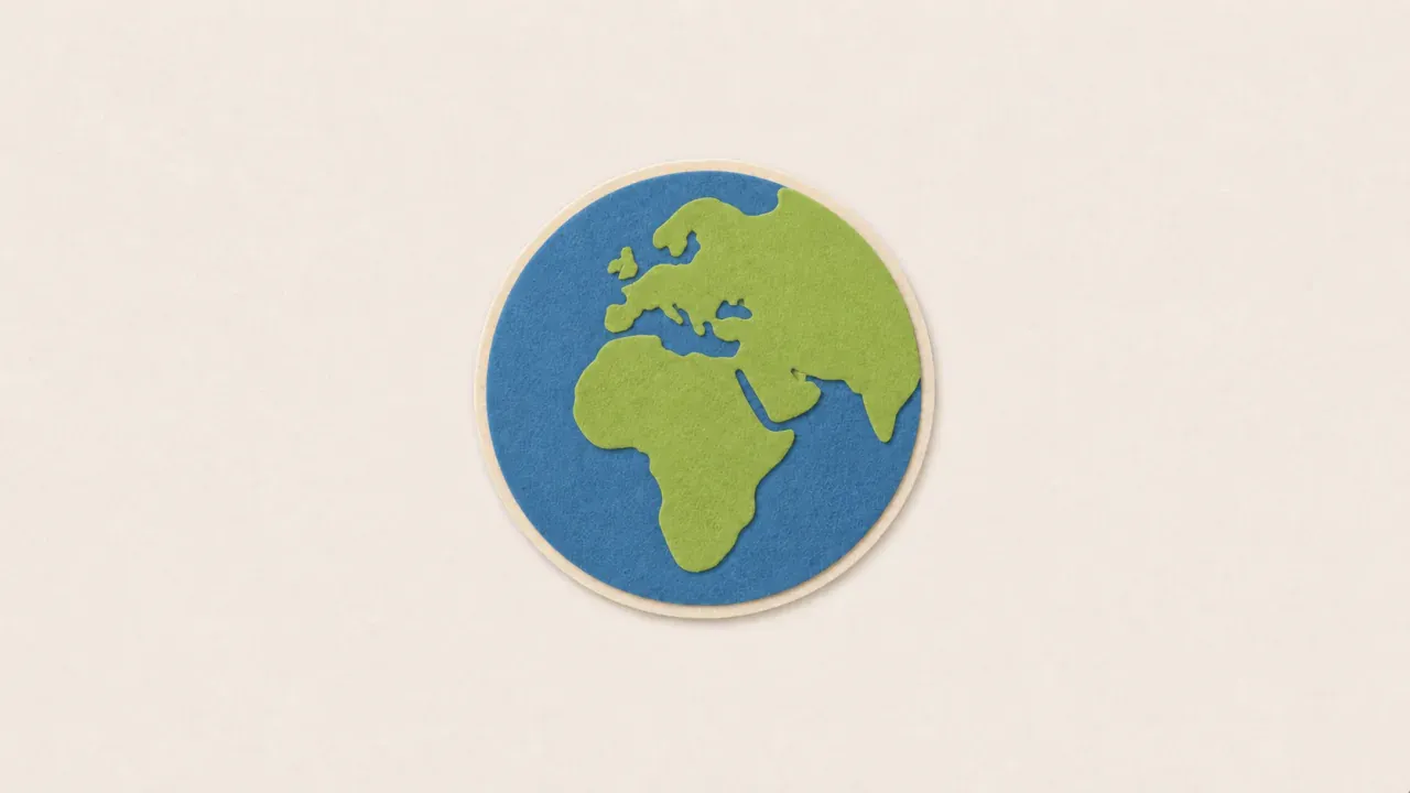 A blue and green felt globe on cream paper