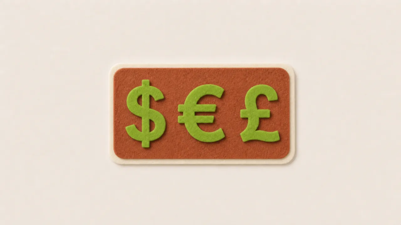 Green paper dollar, euro and pound signs on a terracotta paper card